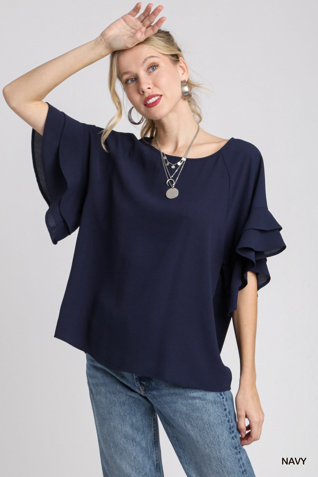 Boxy Cut Wide Neck Blouse with Layered Ruffle Sleeves