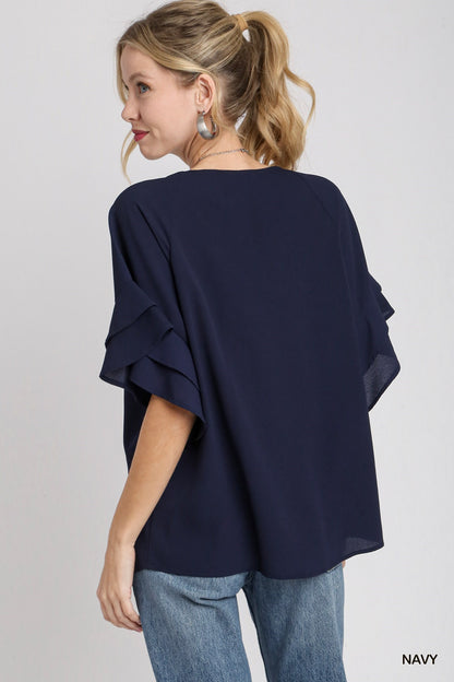 Boxy Cut Wide Neck Blouse with Layered Ruffle Sleeves