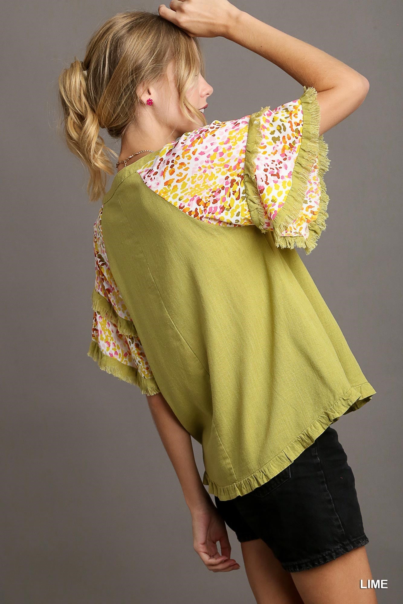 V-Notched Linen Top with Double Layer Flutter Sleeves, & Frayed Unfinished Hem