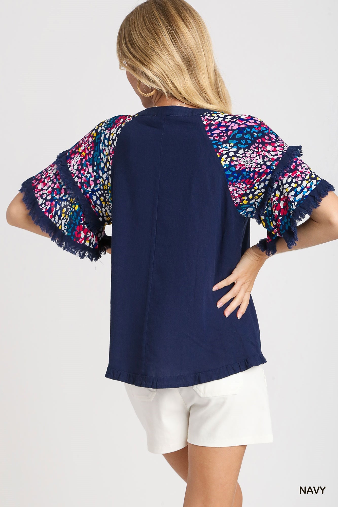 V-Notched Linen Top with Double Layer Flutter Sleeves, & Frayed Unfinished Hem