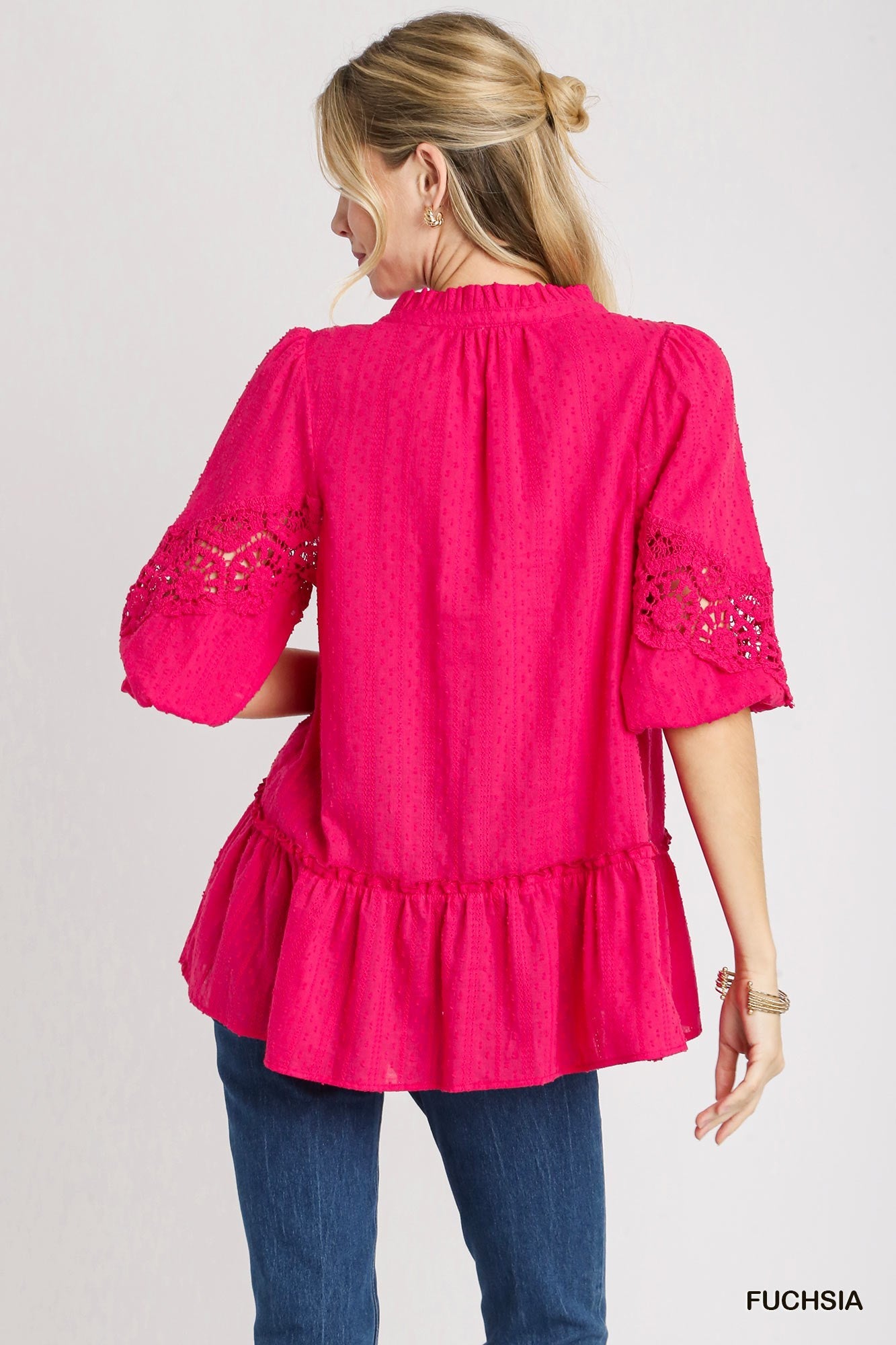 Swiss Dot Cotton Top Bell Ruffle Sleeve with Lace Trim & 3/4 Crochet Detailed Puff Sleeves